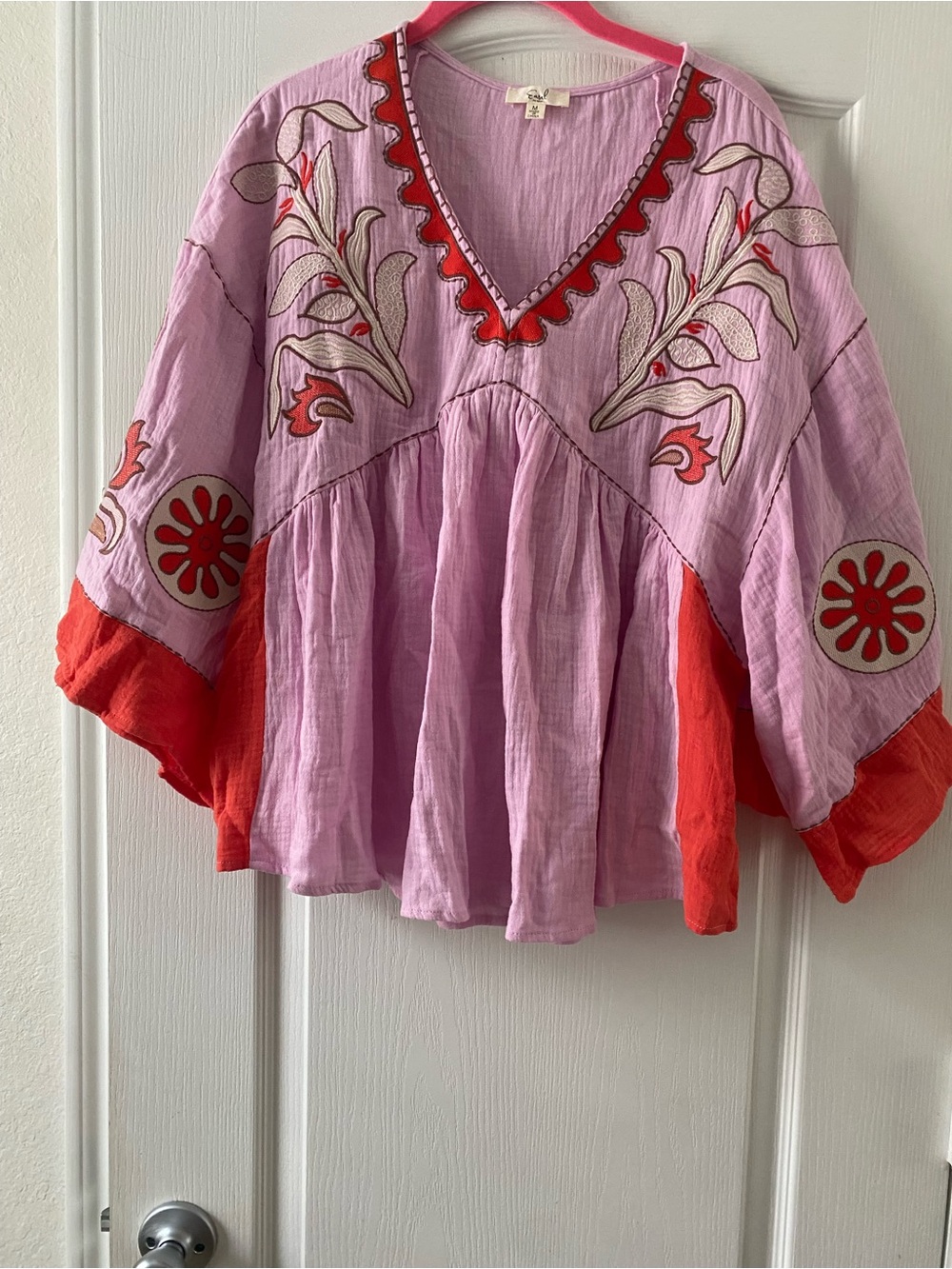 Easel Boho Embroidered V-Neck Cotton Gauze Peasant Babydoll Tunic Pink Top  M - Picture 2 of 12